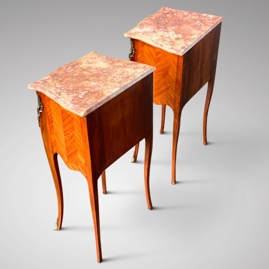 Pair of French Marble Topped Inlaid Bedside Tables - Back View - 3