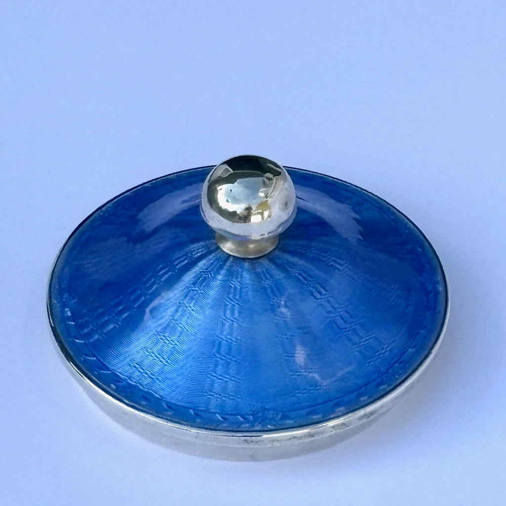 Art Deco Cut Glass Bowl with Silver and Blue Enamel Top - Detail View Lid - 6