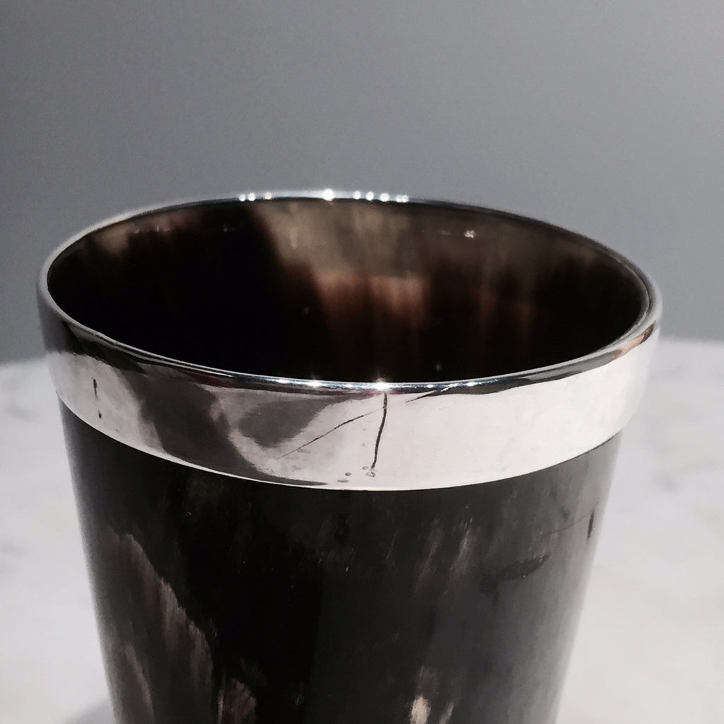 Small 19th Century Horn Beaker - Close up detail view of silver rim-3