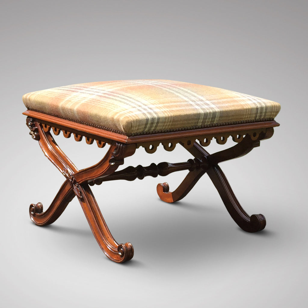 19th Century Mahogany X Frame Stool - Front & Side View - 1