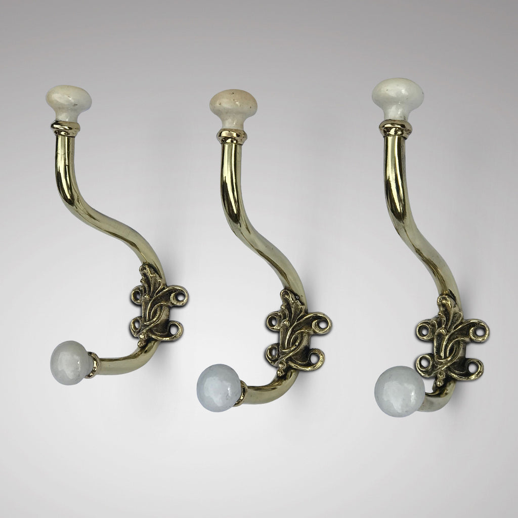 3 Victorian Brass & Porcelain Hat & Coat Hooks - Main View - 1