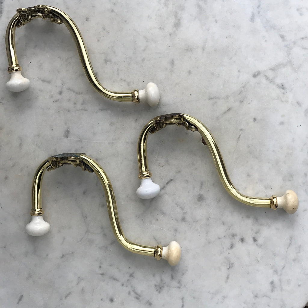 3 Victorian Brass & Porcelain Hat & Coat Hooks - Main View - 3