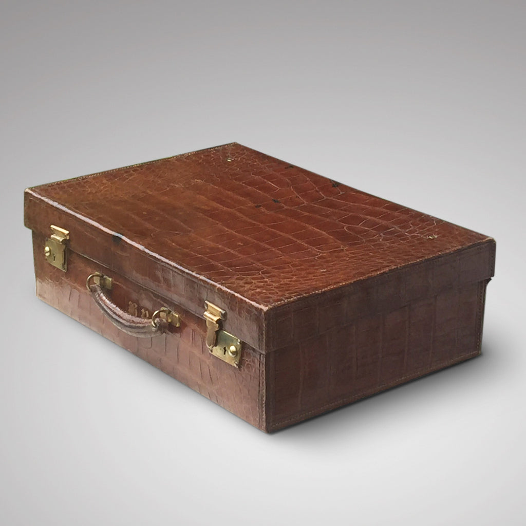 Early  20th Century Crocodile Skin Suitcase - Front & side view 1
