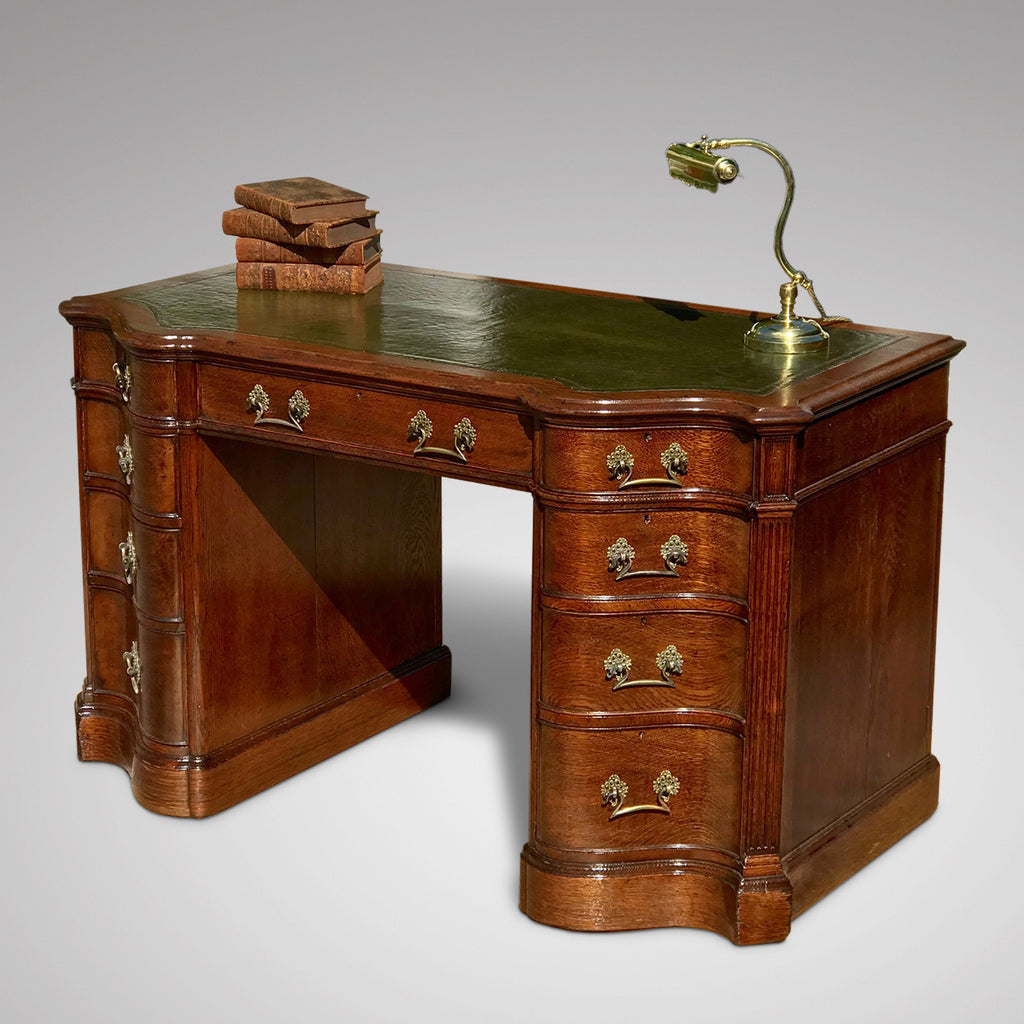 19th Century Oak Serpentine Front Twin Pedestal Desk