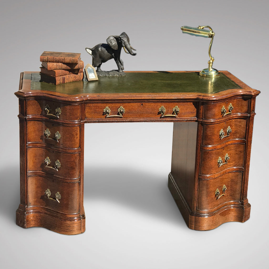 19th Century Oak Serpentine Front Twin Pedestal Desk