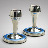 Pair of Art Deco Silver & Blue Enamel Candlesticks - Main View - 1