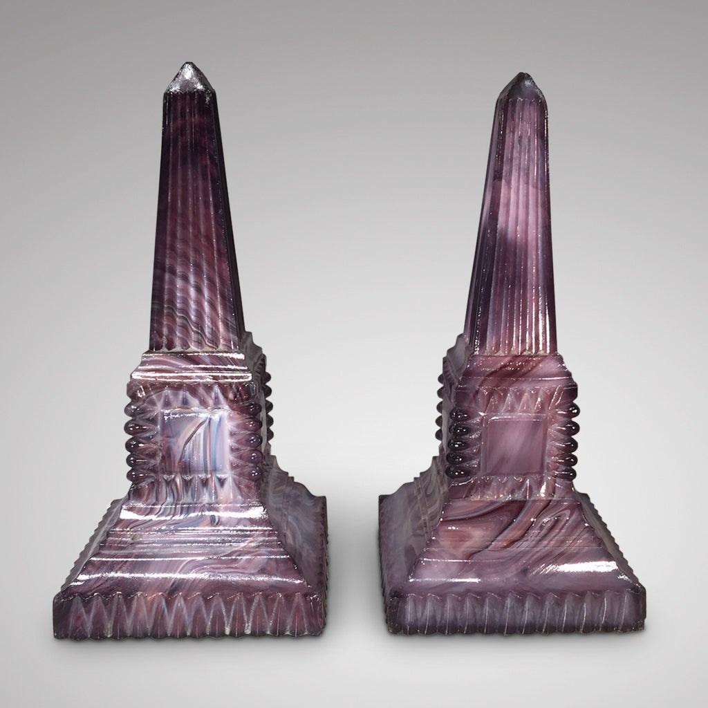 Pair of 19th Century Malachite Glass Obelisk-Front View -2