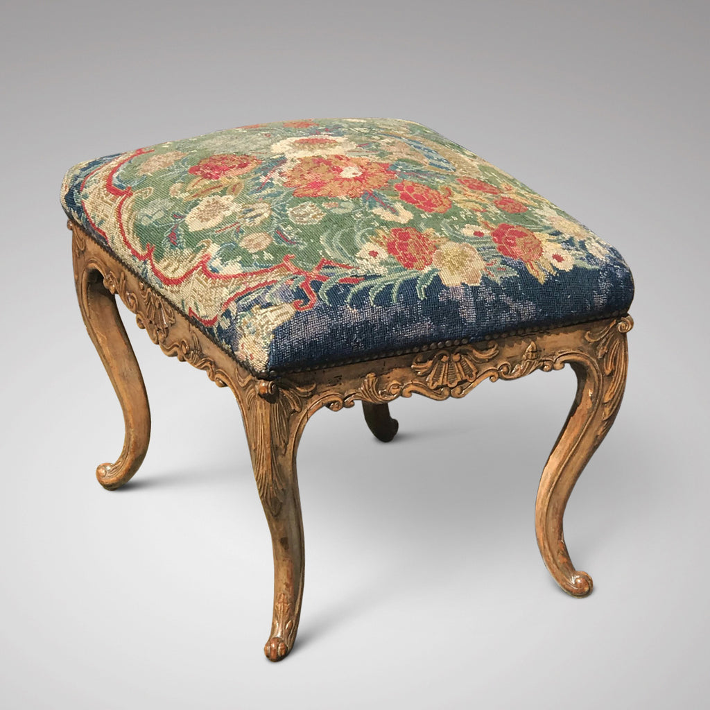 Carved Walnut Stool with Original Needlework Upholstery - Main View - 1