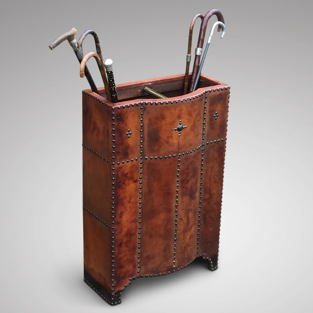 Antique Leather Covered Umbrella Stand - Front & Side View - 1