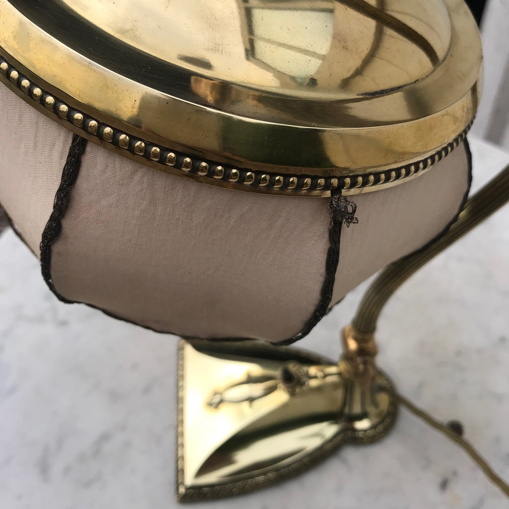 Brass Art Nouveau Desk Lamp with Original Silk Shade - Detail View - 3