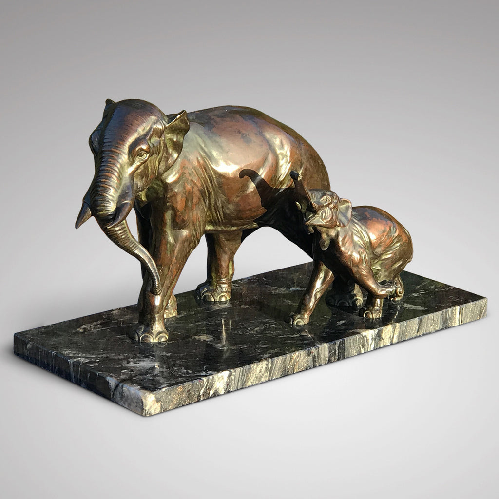 Large Signed French Bronze Sculpture Mother & Baby Elephants - Main View - 2