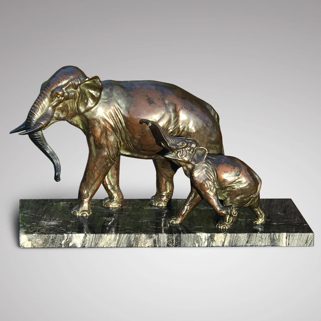 Large Signed French Bronze Sculpture Mother & Baby Elephants - Main View -1