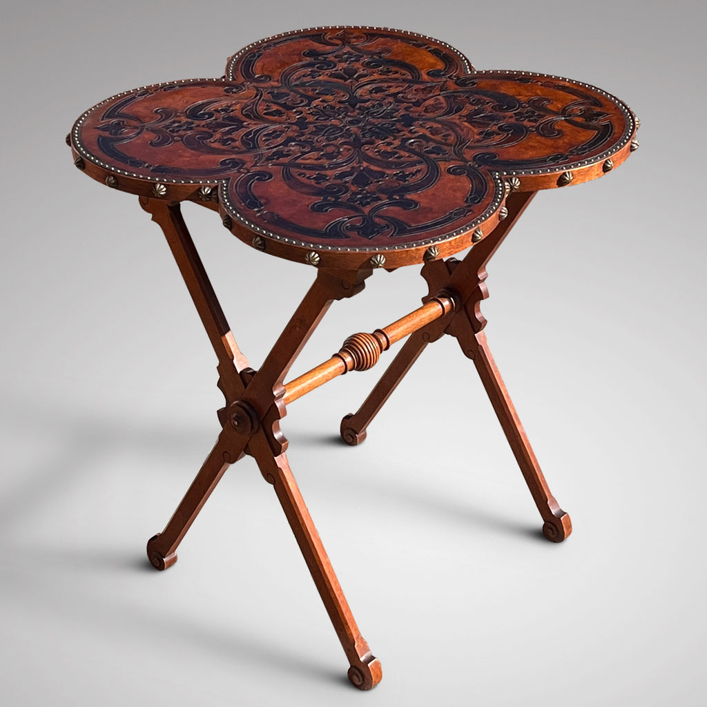 Arts & Crafts X Frame Table with Quatrefoil Leather Top - Main View - 1