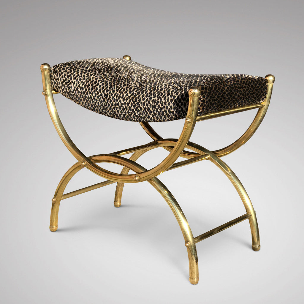 Art Deco Stool on Curved Brass Base - Front & Side View - 2