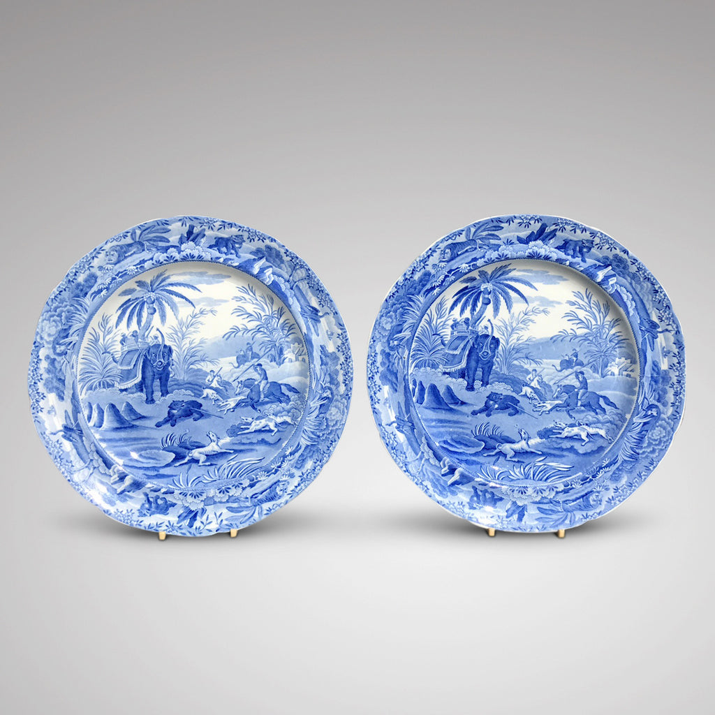 Pair of Blue & White Spode Plates 'Death of the Bear'