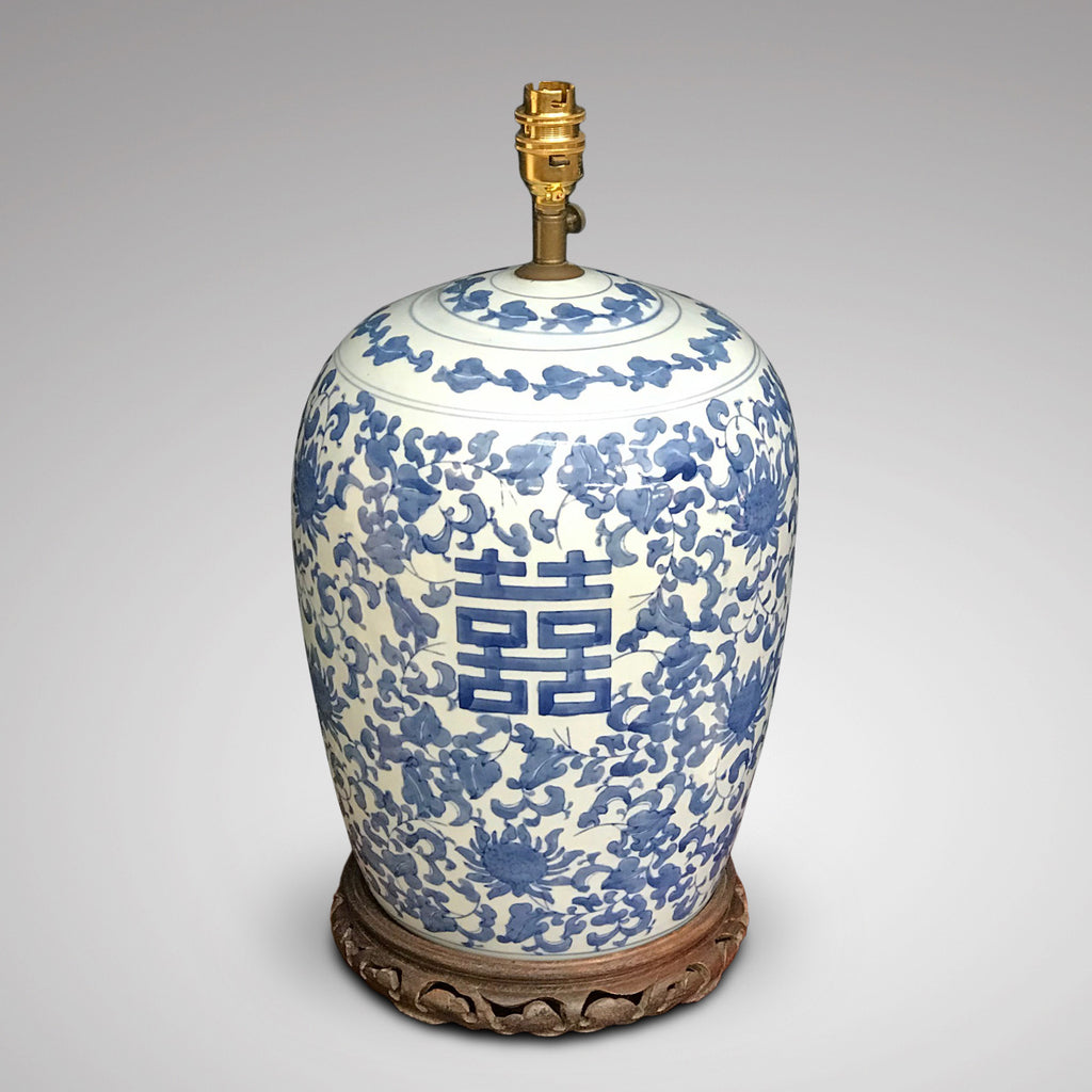 Large Chinese Blue & White Lamp - Main View Without Shade - 2