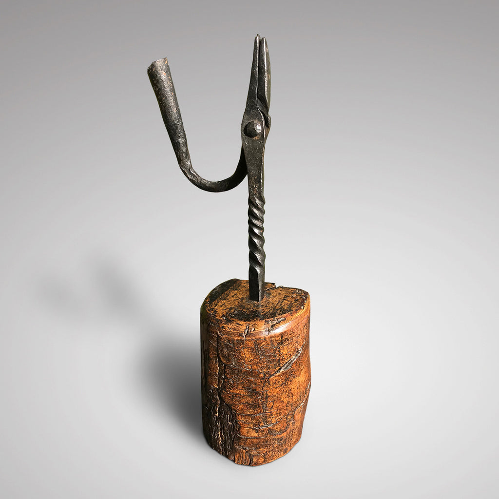 Early 18th Century Rush Light Holder on Rustic Wooden Base