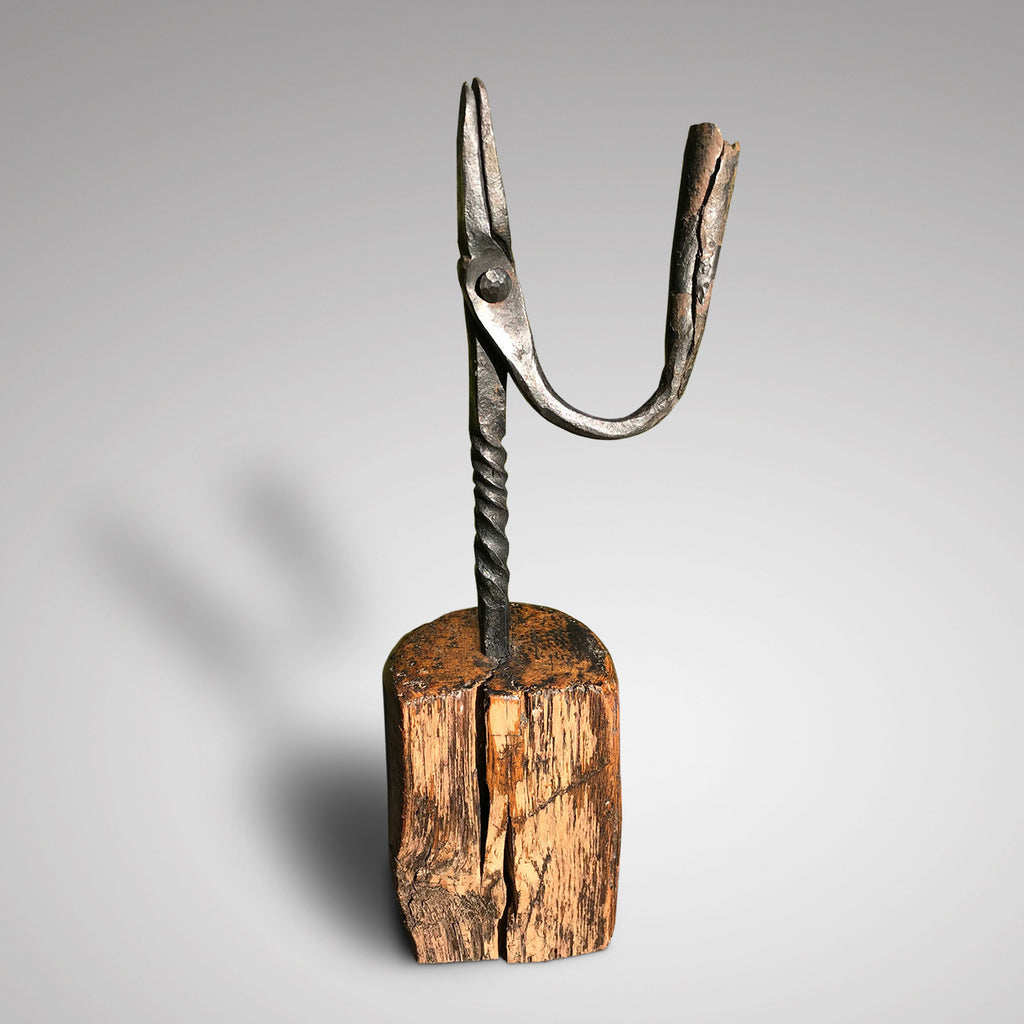 Early 18th Century Rush Light Holder on Rustic Wooden Base