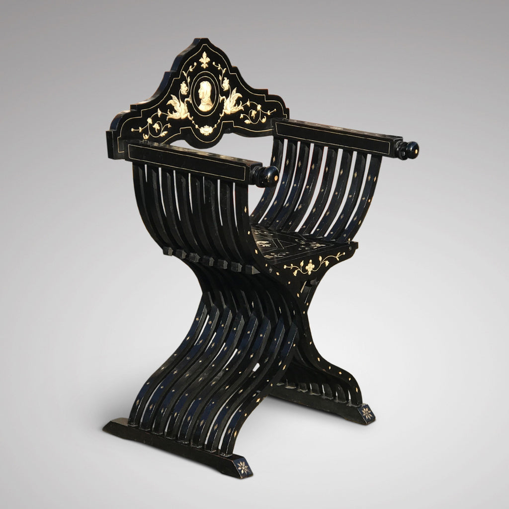 Antique Italian Ebonised & Inlaid Savonarola Chair