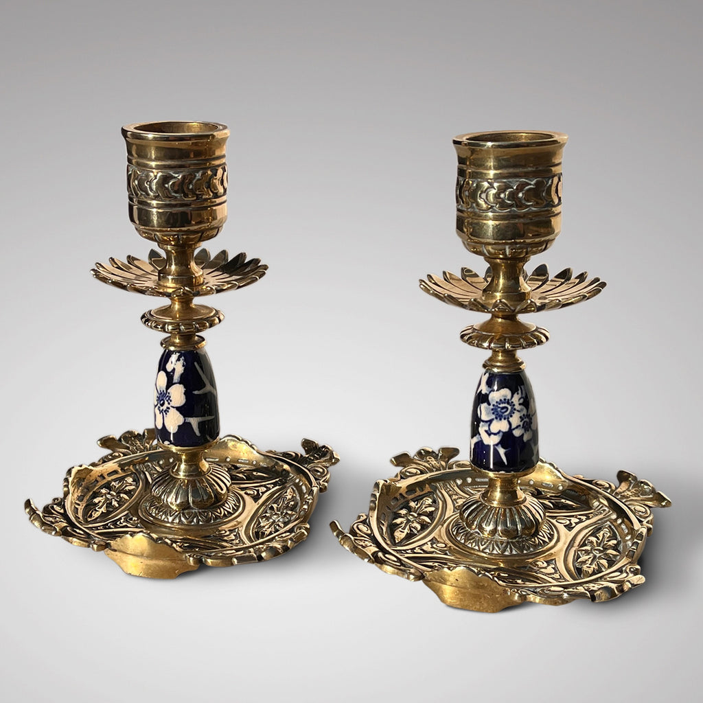 Pair of Aesthetic Movement Brass & Ceramic Candlesticks - Main View - 1