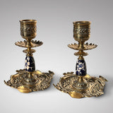 Pair of Aesthetic Movement Brass & Ceramic Candlesticks - Main View - 1