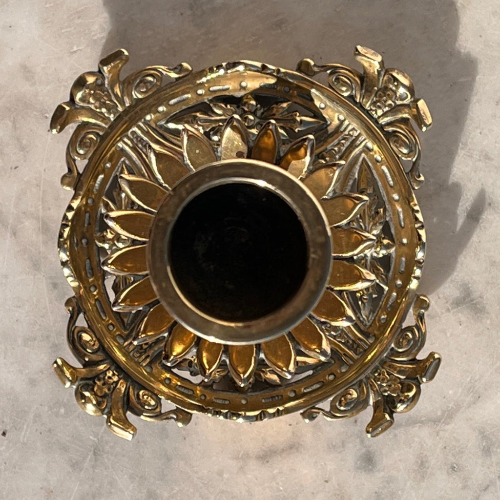 Pair of Aesthetic Movement Brass & Ceramic Candlesticks - Detail View - 3