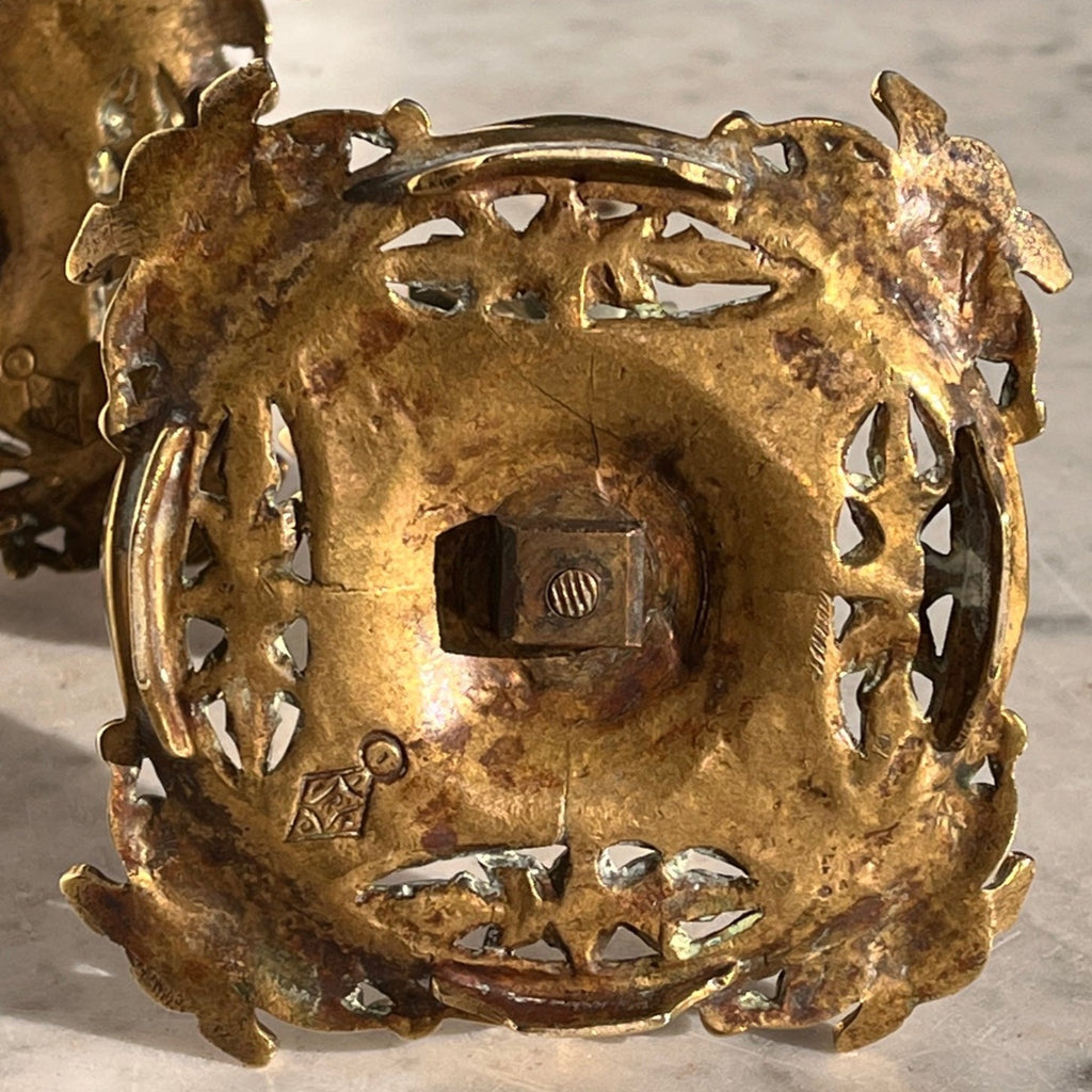 Pair of Aesthetic Movement Brass & Ceramic Candlesticks - Detail View - 4