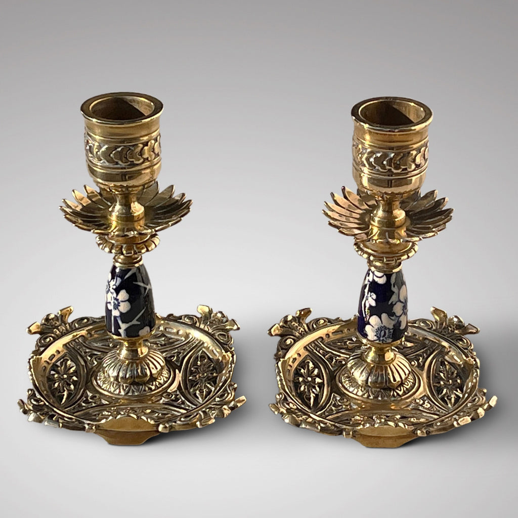 Pair of Aesthetic Movement Brass & Ceramic Candlesticks - Main View - 2