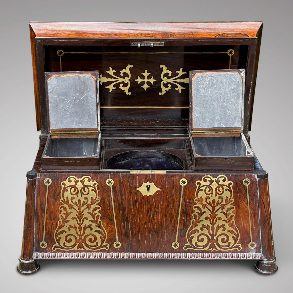 Regency Rosewood & Brass Inlaid Tea Caddy - Main View Open - 3