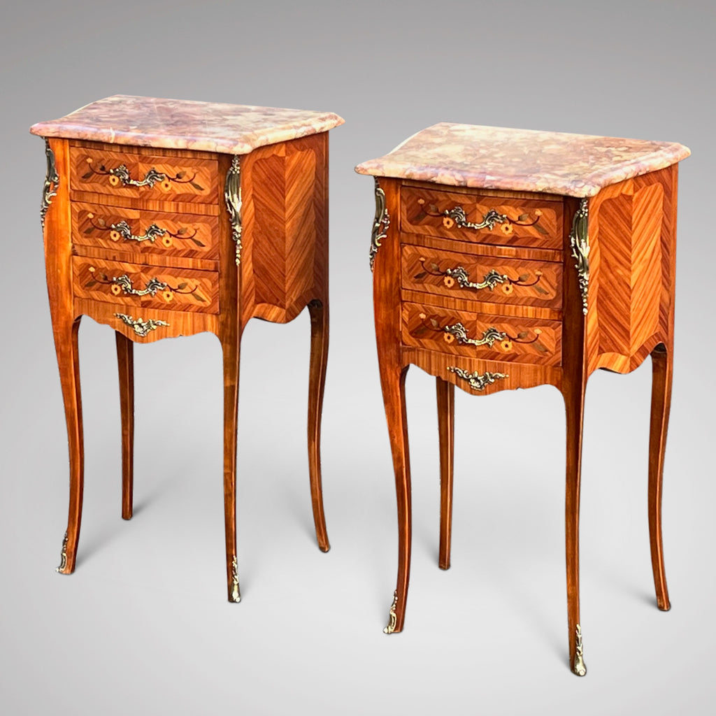 Pair of French Marble Topped Inlaid Bedside Tables - Main View - 1