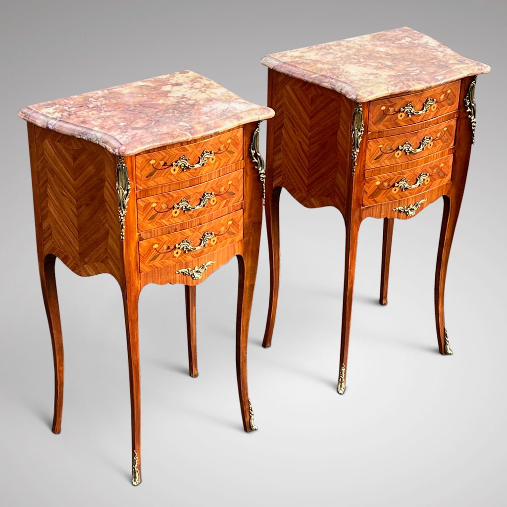 Pair of French Marble Topped Inlaid Bedside Tables - Main View - 2
