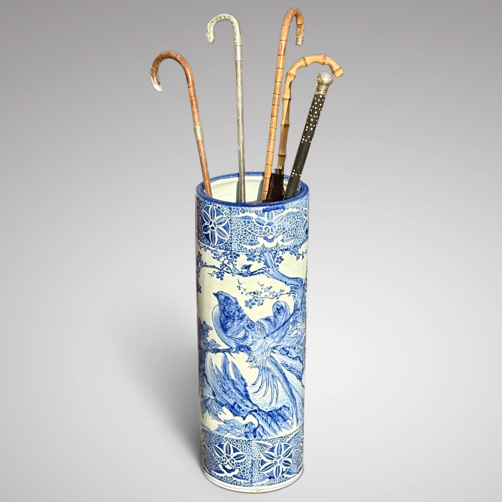 Japanese Blue and White Ceramic Stick Stand - Main View with Sticks and Umbrellas - 2