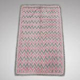 Main Picture 2 -An rectangular Kantha throw or quilt with a pink, gray, and white chevron pattern and a gray border, shown flat against a neutral grey background.