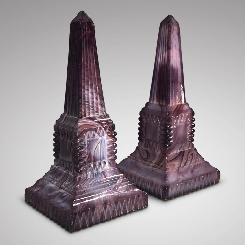Pair of 19th Century Malachite Glass Obelisks - Front and Side View - 2