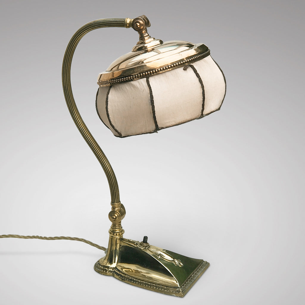 Brass Art Nouveau Desk Lamp with Original Silk Shade - Main View - 2