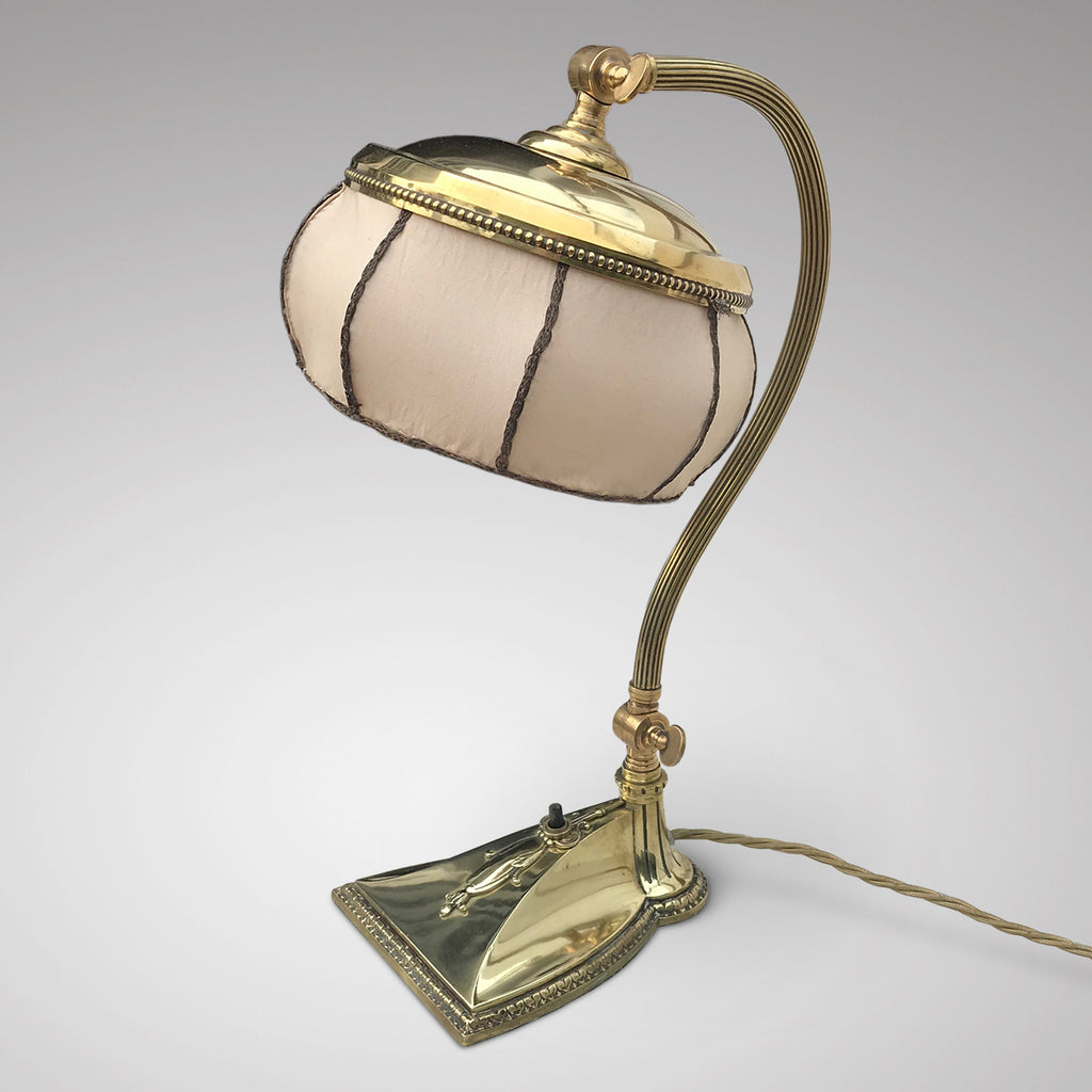 Brass Art Nouveau Desk Lamp with Original Silk Shade - Main View - 1