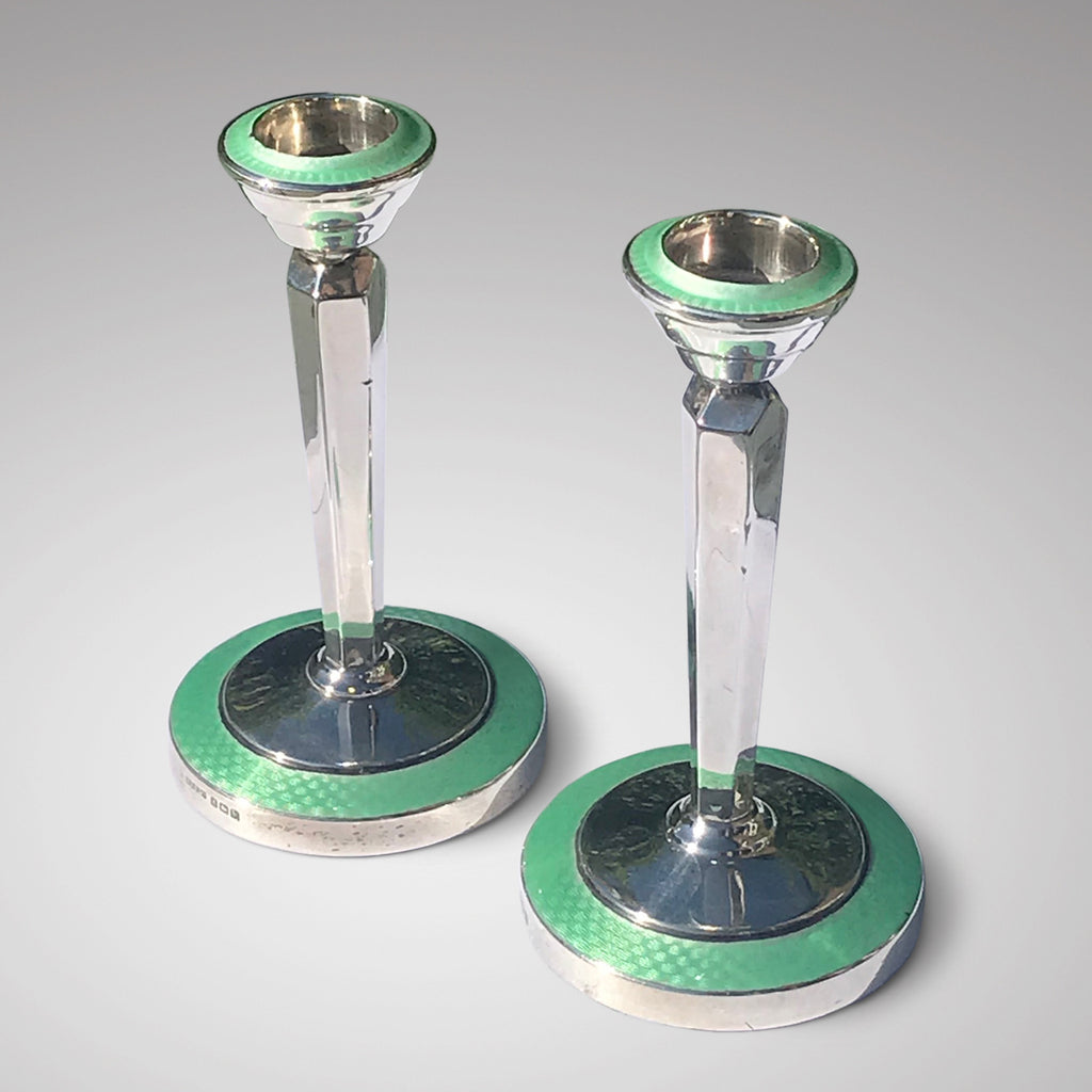 Pair of Sterling Silver & Guilloche Enamel Candlesticks - Main View - 2