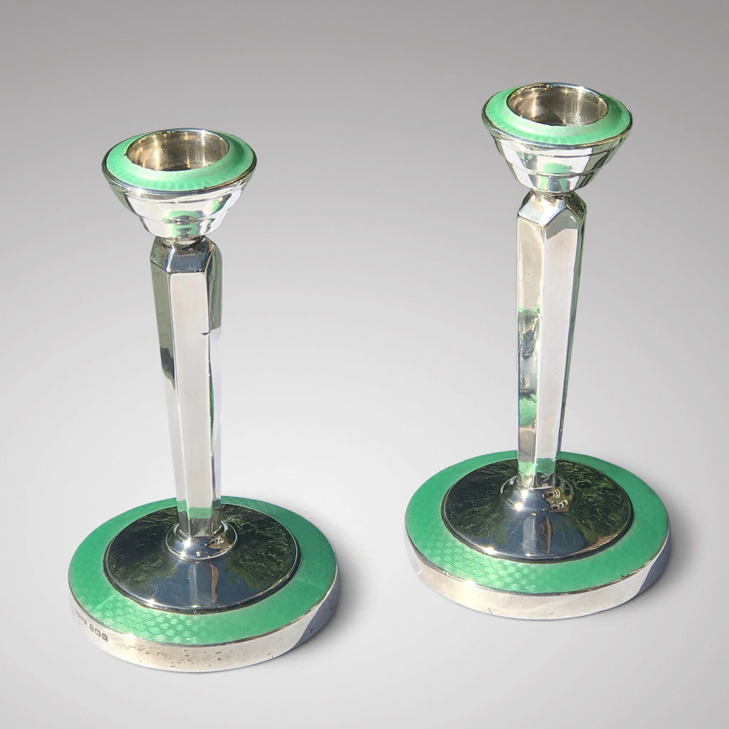 Pair of Sterling Silver & Guilloche Enamel Candlesticks - Main View - 1