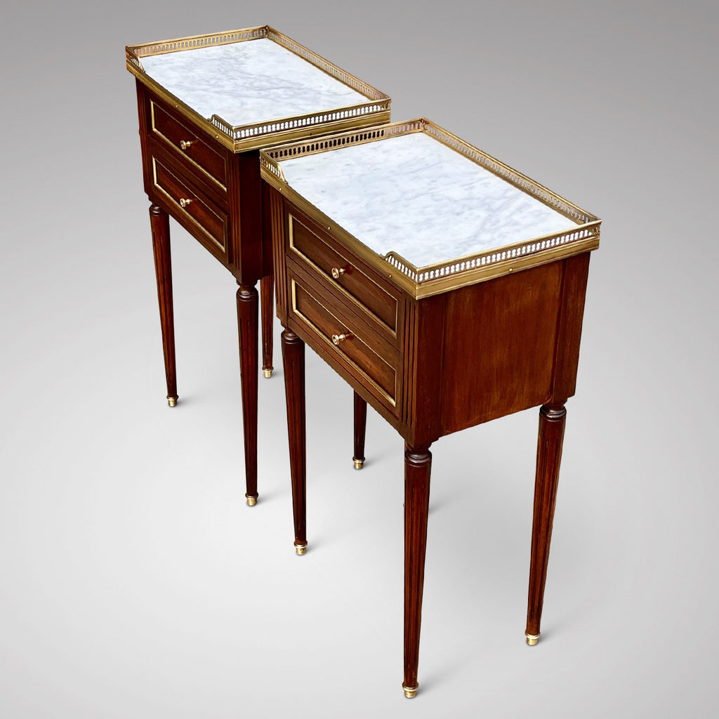 Pair of French Mahogany Empire Style Marble Topped Bedside Tables - Detail View - 2
