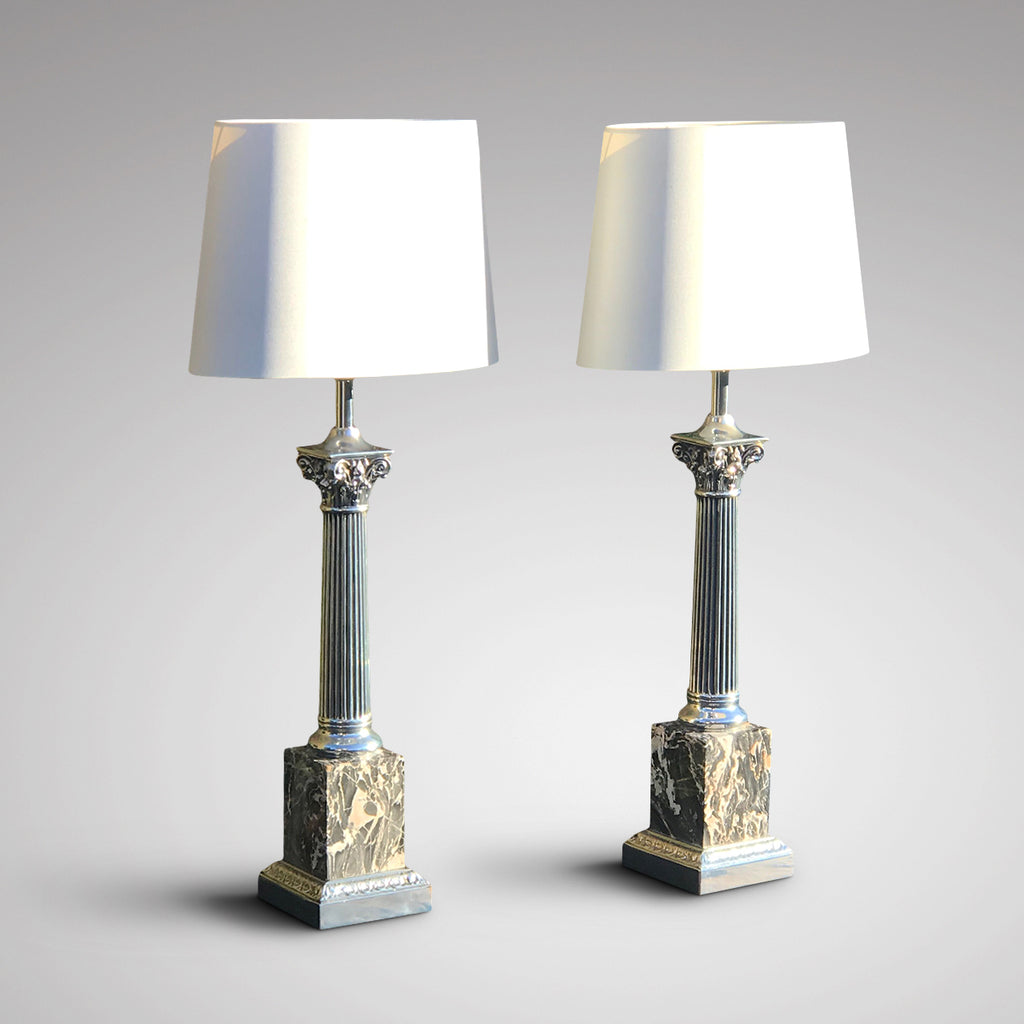 Pair of Early 20th Century Marble & Polished Steel Table Lamps - Main View - 2