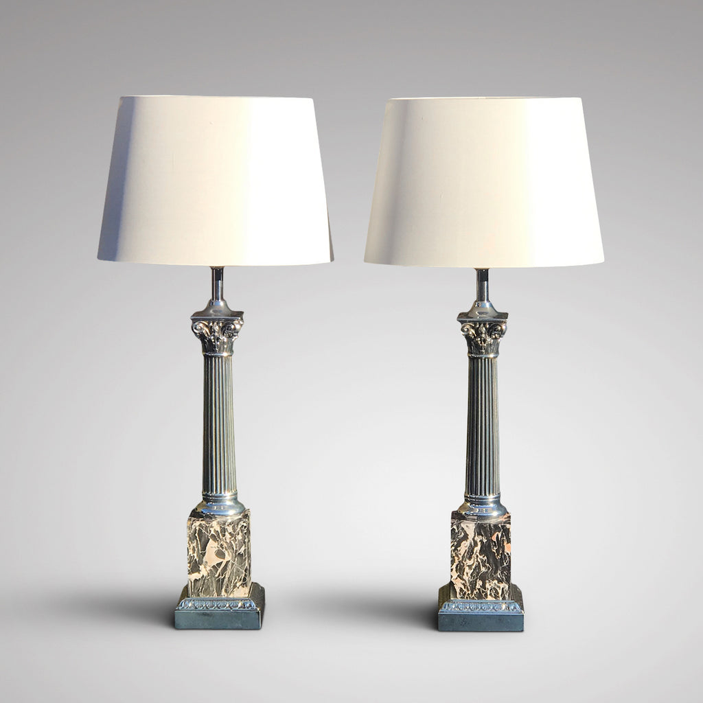 Pair of Early 20th Century Marble & Polished Steel Table Lamps - Main View - 1