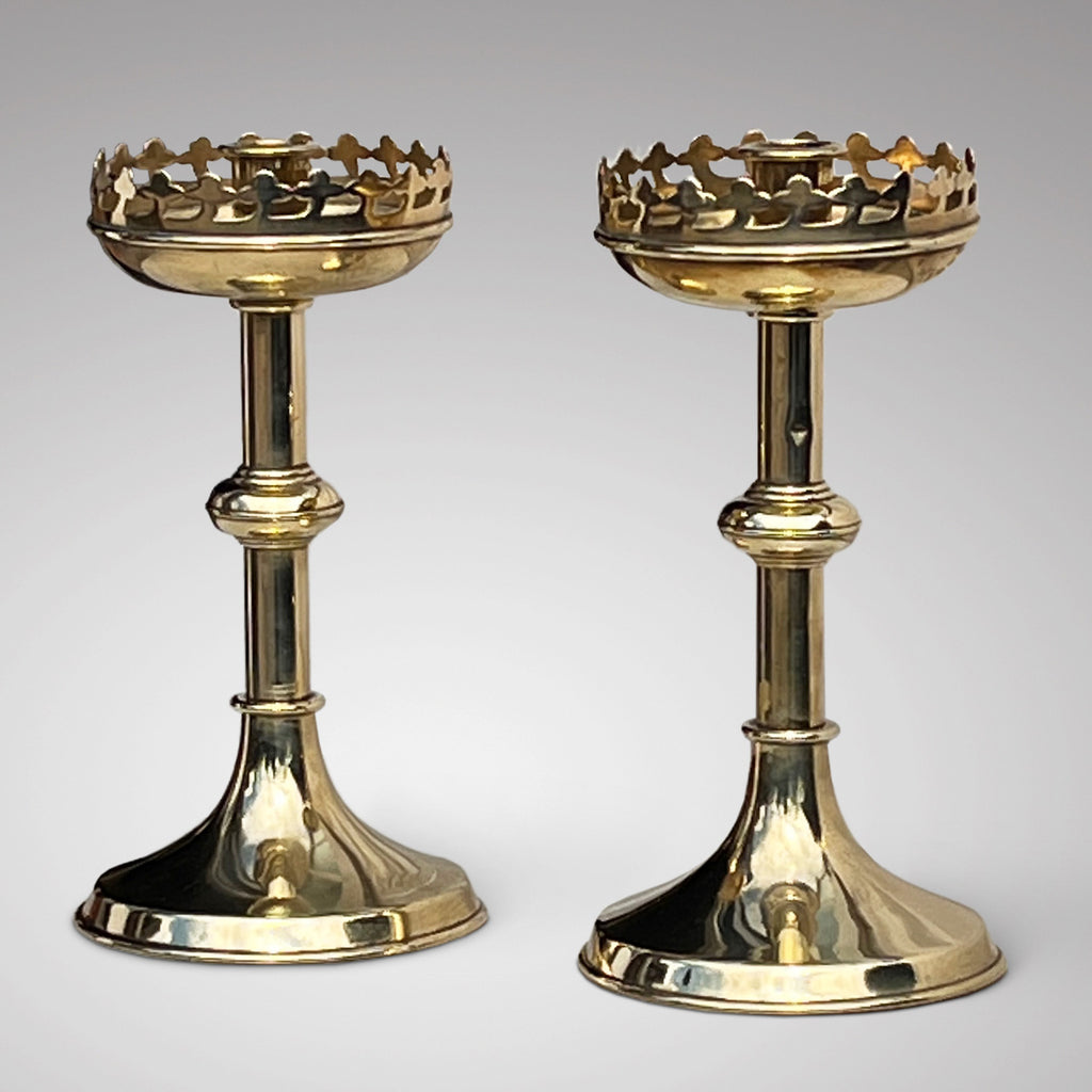 Pair of 19th Century Brass Candlesticks with Pierced Sconces - Main View - 1