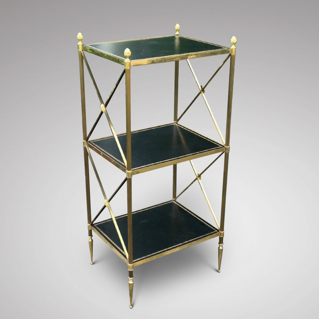 Three Tier Brass & Leather Etagere - Front & Side View - 1