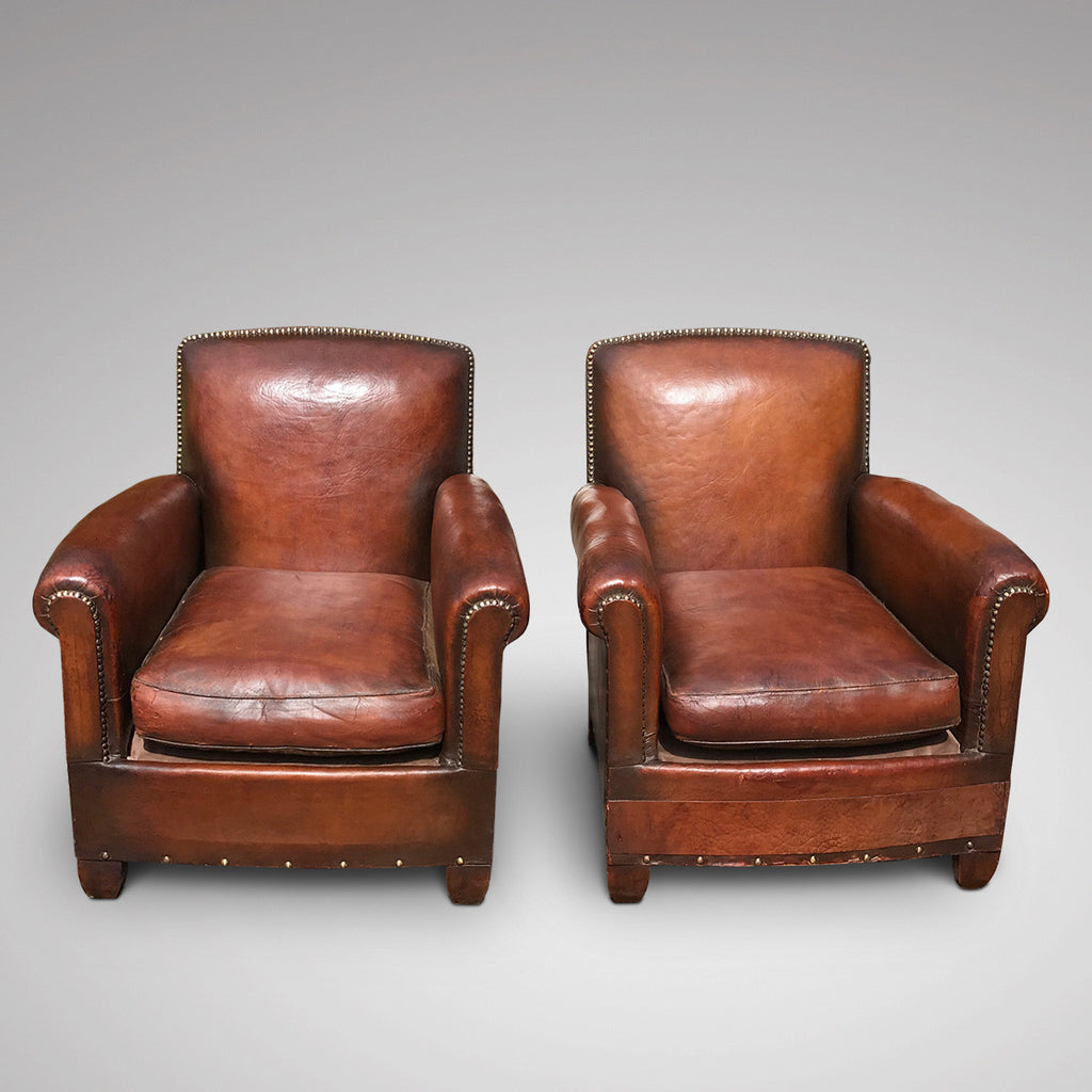 Pair French Leather Club Chairs - Front View - 1