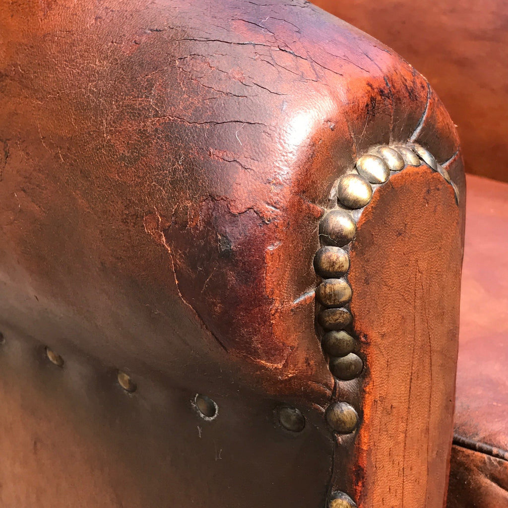 Pair of French Leather Club Chairs - Arm Detail View - 4