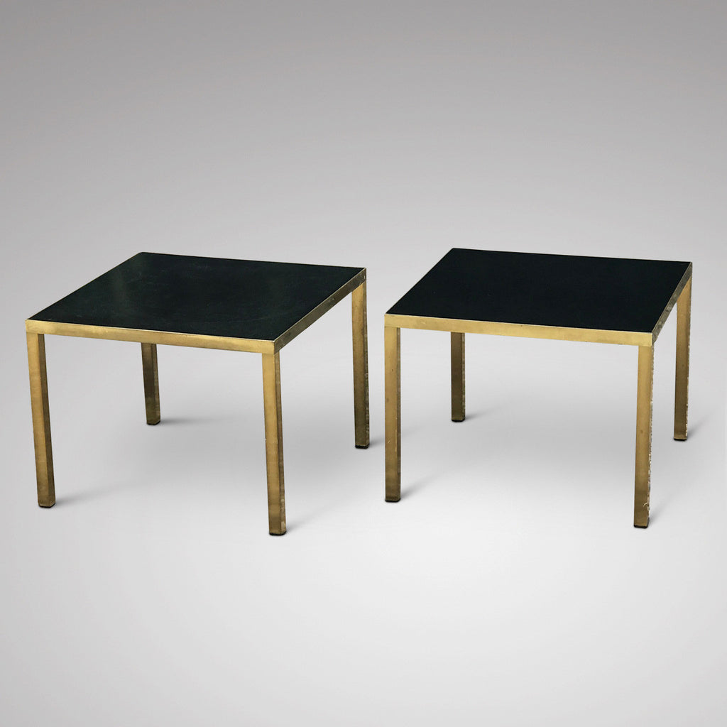 A Pair of Mid Century Black Topped Brass Side Tables