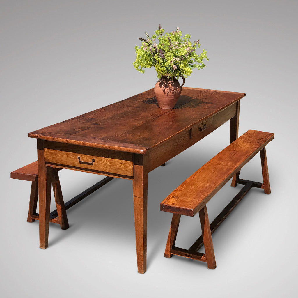 19th Century Elm Dining Table - Front & Side View with benches - 12