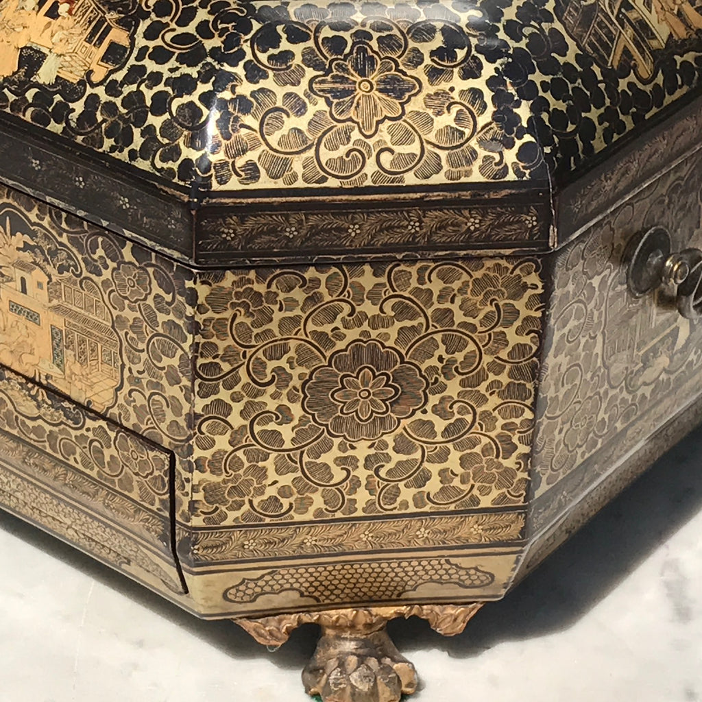 19th Century Chinoiserie Lacquered Sewing Chest - Corner Detail View - 11