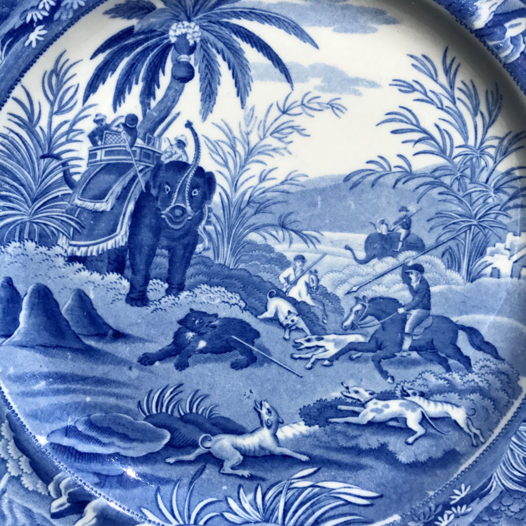 Pair of Blue & White Spode Plates 'Death of the Bear'
