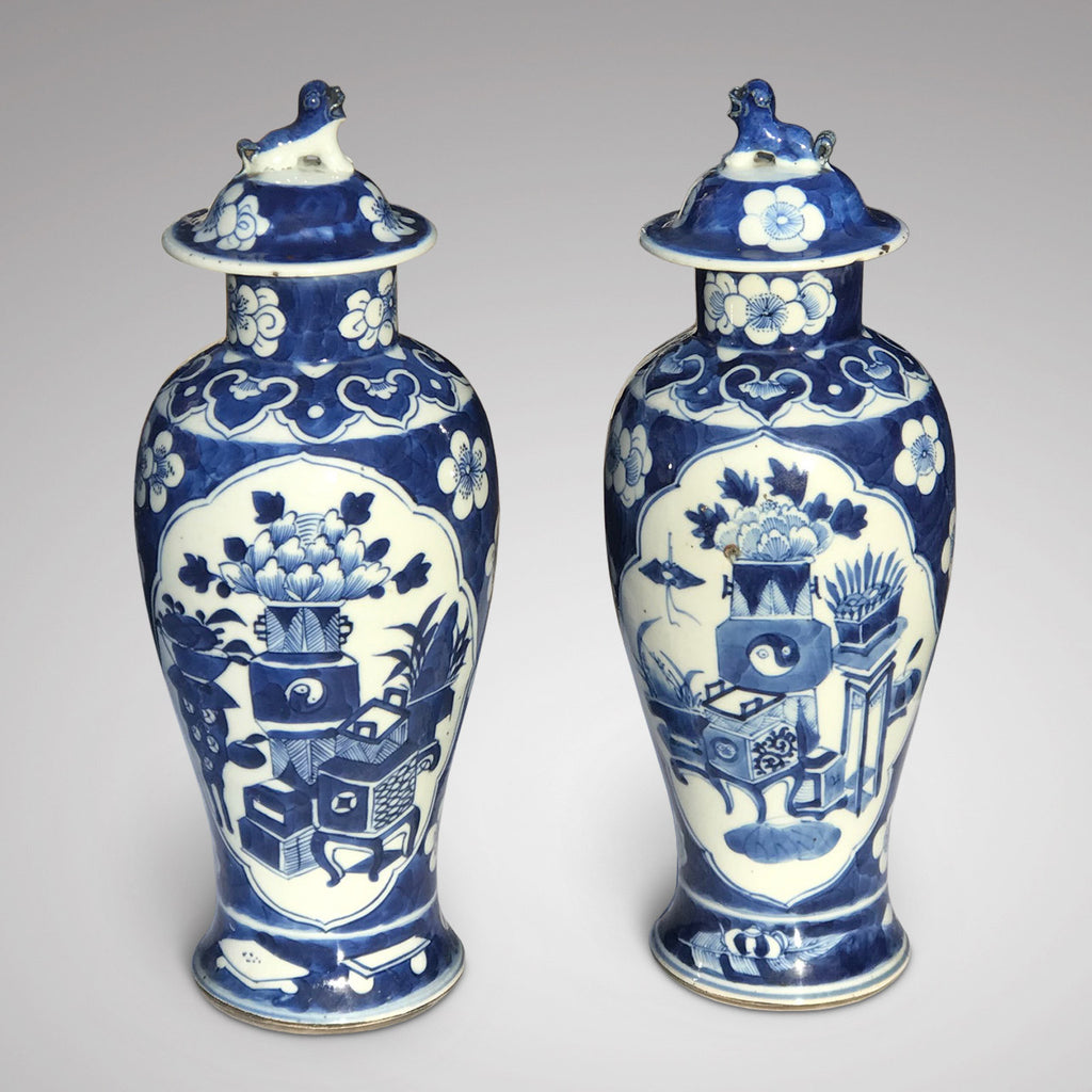 Pair of 19th Century Blue & White Chinese Vases with Covers - Main View - 3